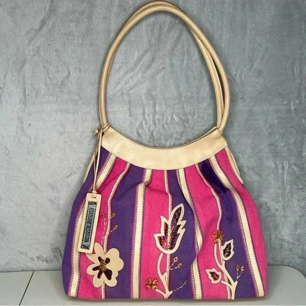 Sharif Marc &‎ Marc Striped Beaded Floral Patch Large Leather/Canvas Tote Bag
